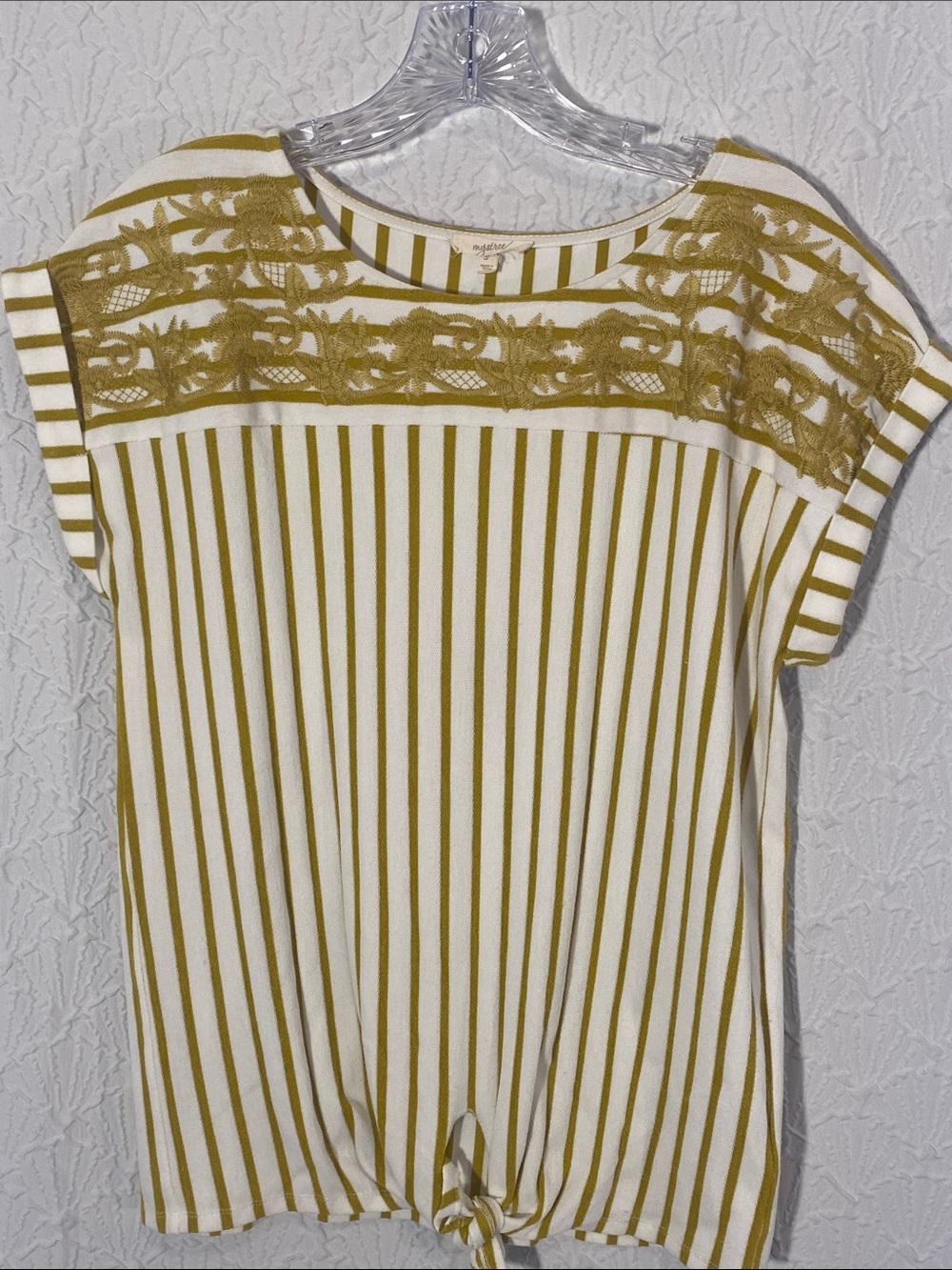 Mystree Cream & Olive Striped Tie-Front Short Sleeve Top Bohemian inspired